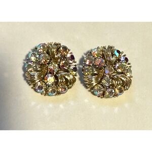 Vintage Lisner Clip on Earrings Gold Tone w/ Aurora Borealis Rhinestones